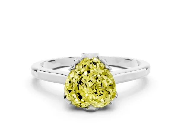 Fancy Yellow Heart Cut Diamond Solitaire Ring with Flower Prong Setting and Classic Band Platinum
