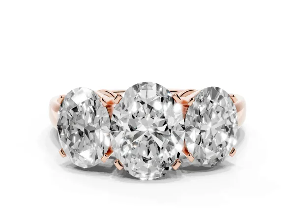 Three-Stone Oval Cut Cut Diamond Ring with Channel Set Band and Four-Prong Setting Rose gold