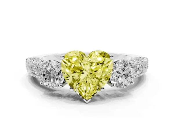 Fancy Yellow Heart Cut Three-Stone Diamond Ring with Pavé Band and Four-Prong Setting Platinum
