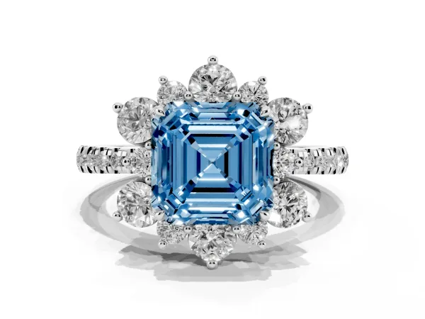 Fancy Blue Asscher Cut Diamond Floral Halo Ring with Round Pavé Band and Prong Setting Platinum