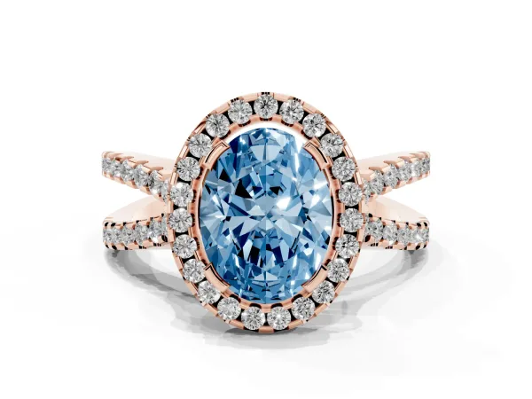 Fancy Blue Oval Cut Diamond Halo Ring with Split Shank Pavé Band and Prong Setting Rose gold