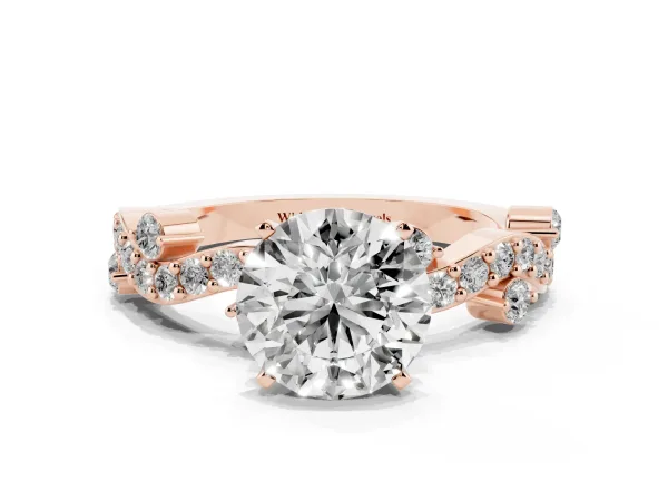 Round Cut Cut Solitaire Diamond Twisted Band with Pave Setting Rose gold