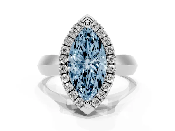 Fancy Blue Marquise Cut Cut Halo Solitaire Engagement Ring with Square Band and Four-Prong Setting Platinum