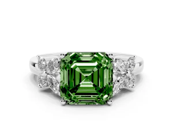 Fancy Green Asscher Cut Diamond Floral Cluster Ring with Solitaire Band and Prong Setting Platinum