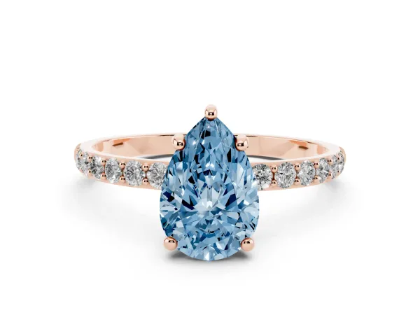 Fancy Blue Pear Cut Diamond Solitaire Ring with Round Pavé Band and Prong Setting Rose gold