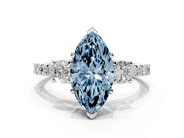 Fancy Blue Marquise Cut Three-Stone Diamond Pavé Band with Prong Setting White gold
