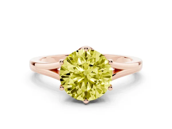 Fancy Yellow Round Cut Solitaire Diamond Ring with Six-Prong Setting and Tapered Band Rose gold