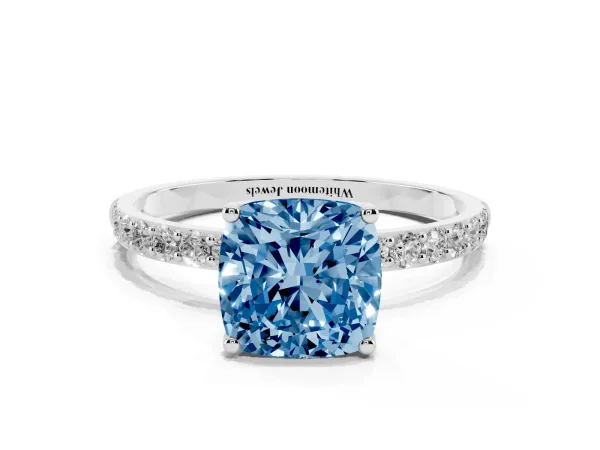 Fancy Blue Cushion Cut Diamond Solitaire Engagement Ring with Round Pavé Band and Prong Setting Platinum