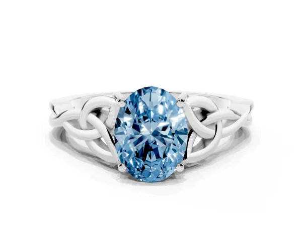 Fancy Blue Oval Cut Diamond Solitaire Engagement Ring with Celtic Knot Band and Four-Prong Setting Platinum