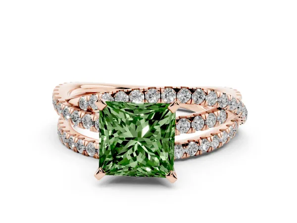 Fancy Green Princess Cut Solitaire Twist Band with Pavé Setting and Four-Prong Setting Rose gold