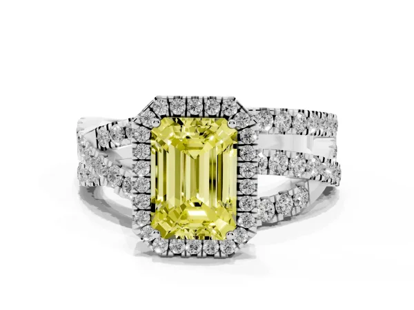 Fancy Yellow Emerald Cut Diamond Halo Ring with Round Split Shank and Prong Setting Platinum