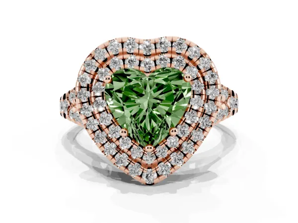 Fancy Green Double Halo Heart Cut Diamond Pavé Split Shank Ring with Prong Setting Rose gold