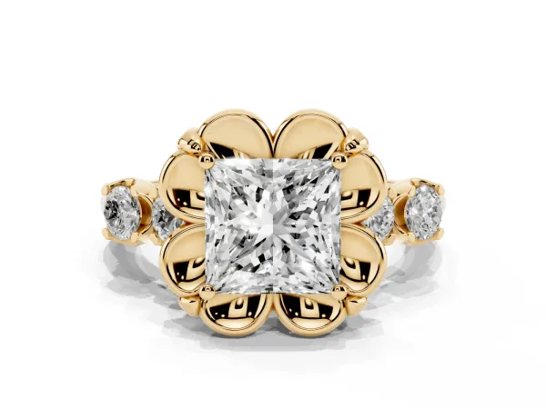 Princess Cut Cut Diamond Floral Halo Engagement Ring with Shared Prong Setting Yellow gold