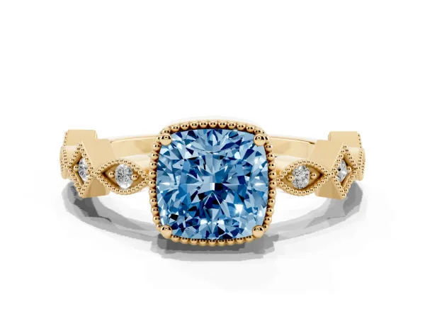 Fancy Blue Cushion Cut Milgrain Marquise Diamond Twist Band Ring Yellow gold