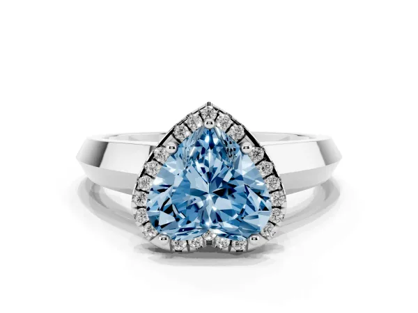 Fancy Blue Heart Cut Halo Diamond Ring with Cathedral Band and Four-Prong Setting Platinum