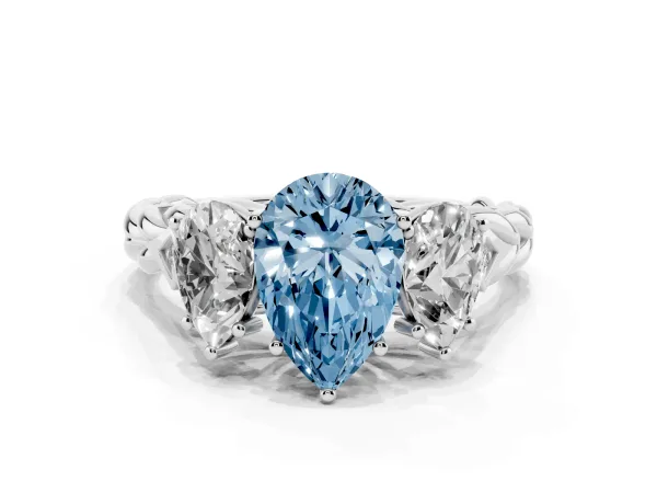 Fancy Blue Three-Stone Pear Cut Diamond Braided Band Ring with Four-Prong Setting Platinum