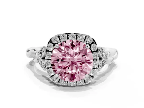 Fancy Pink Round Cut Halo Diamond Engagement Ring with Vintage-Inspired Band and Four-Prong Setting White gold