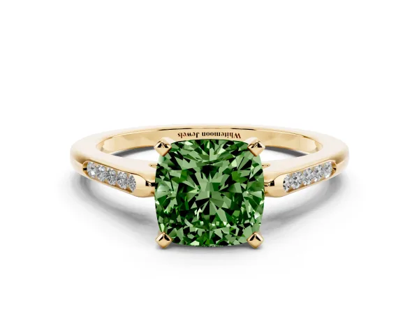 Fancy Green Cushion Cut Diamond Solitaire Ring with Channel Set Round Band and Prong Setting Yellow gold