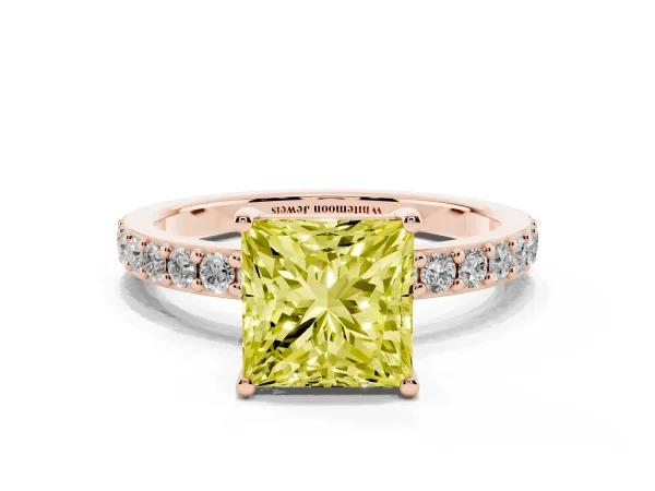 Fancy Yellow Princess Cut Cut Diamond Solitaire with Pave Band and Four-Prong Setting Rose gold