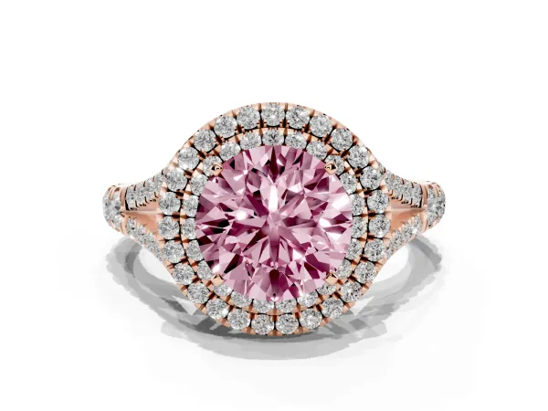 Fancy Pink Round Cut Cut Double Halo Split Shank Diamond Ring with Prong Setting Rose gold