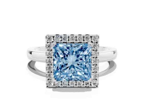 Fancy Blue Princess Cut Halo Diamond Solitaire with Pavé Band and Four-Prong Setting Platinum