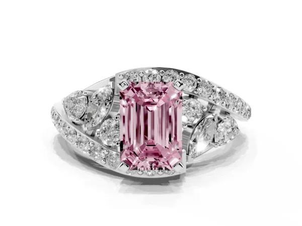 Fancy Pink Emerald Cut Diamond Halo Ring with Marquise and Pavé Band in Prong Setting White gold
