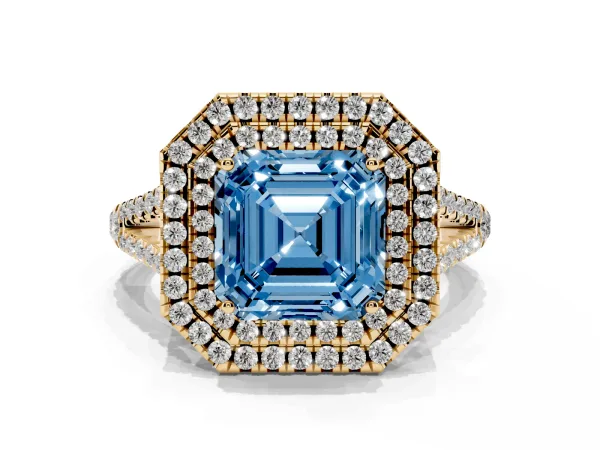 Fancy Blue Asscher Cut Diamond Double Halo Ring with Pavé Band and Prong Setting Yellow gold
