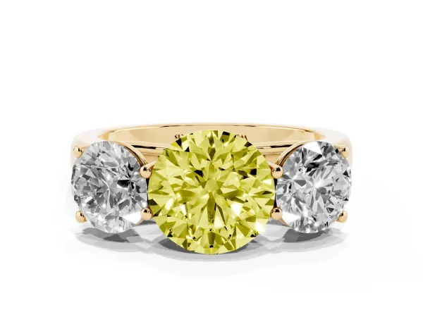 Fancy Yellow Round Cut Three-Stone Diamond Ring with Prong Setting on a Classic Band Yellow gold