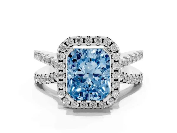 Fancy Blue Radiant Cut Diamond Halo Ring with Split Shank Pavé Band and Prong Setting Platinum