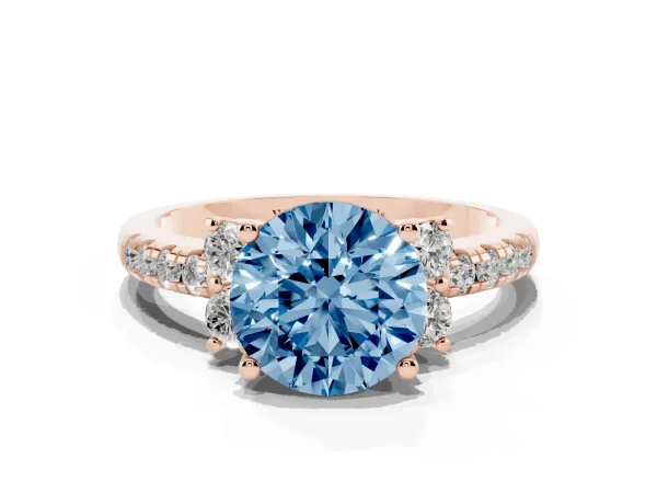 Fancy Blue Round Cut Diamond Three-Stone Pave Band with Four-Prong Setting Rose gold