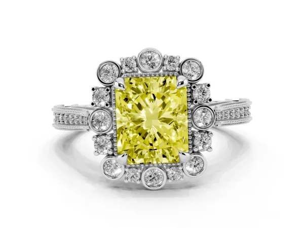 Fancy Yellow Radiant Cut Halo Milgrain Pave Diamond Ring with Four-Prong Setting Platinum