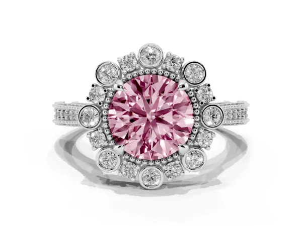 Fancy Pink Round Cut Halo Milgrain Pave Diamond Ring with Four-Prong Setting White gold