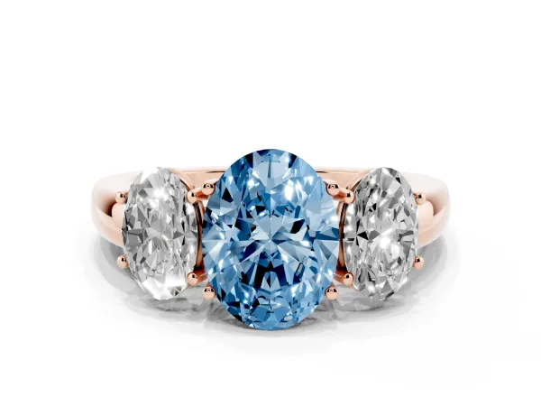 Fancy Blue Oval Cut Diamond Three-Stone Ring with Four-Prong Setting and Classic Band Rose gold