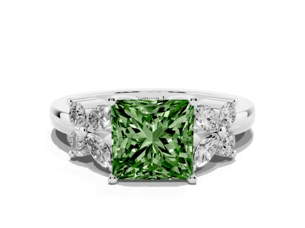 Fancy Green Princess Cut Diamond Floral Cluster Ring with Solitaire Band and Prong Setting Platinum