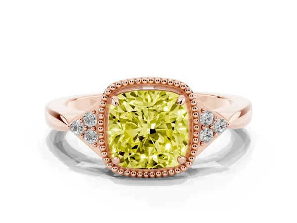 Fancy Yellow Cushion Cut Diamond Halo Ring with Tapered Band and Four-Prong Setting Rose gold