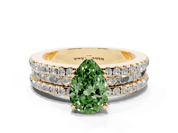 Fancy Green Pear Cut Diamond Solitaire Ring with Pavé and Channel Set Band Yellow gold