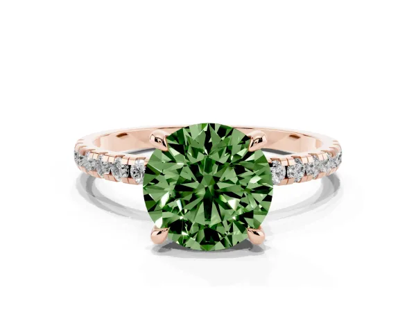 Fancy Green Round Cut Diamond Brilliant Solitaire Ring with Pavé Band and Four-Prong Setting Rose gold