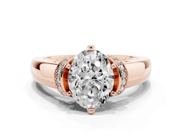 Oval Cut Solitaire Diamond Ring with Pave Band and Six-Prong Setting Rose gold