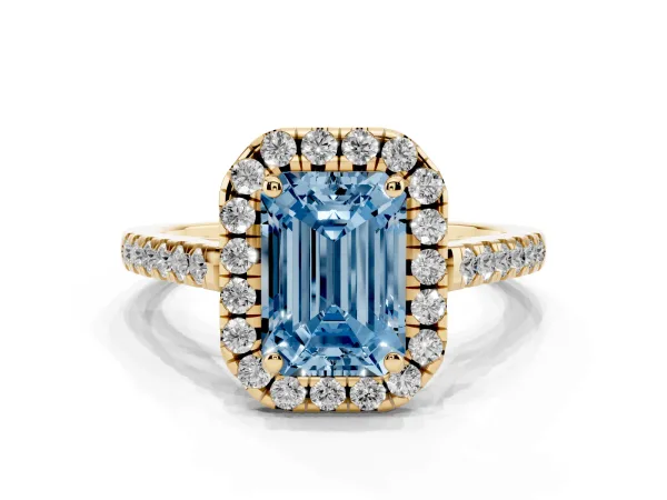 Fancy Blue Emerald Cut Halo Pavé Diamond Engagement Ring with Four-Prong Setting Yellow gold