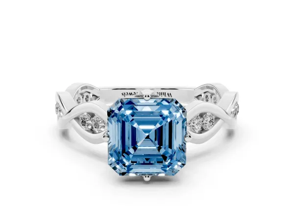 Fancy Blue Asscher Cut Solitaire Twist Band with Leaf Prong Setting Platinum