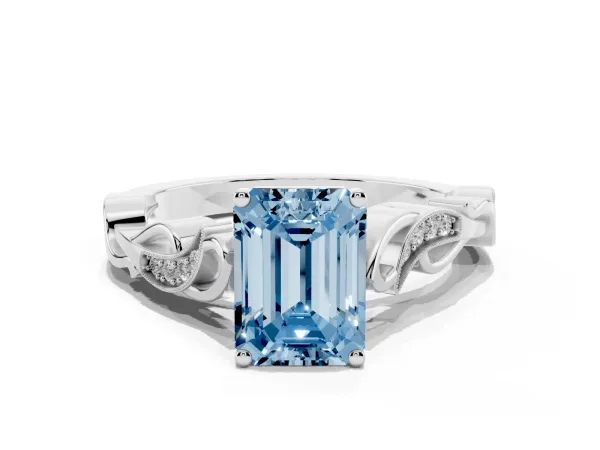 Fancy Blue Emerald Cut Solitaire Vine Band with Milgrain Prong Setting Platinum
