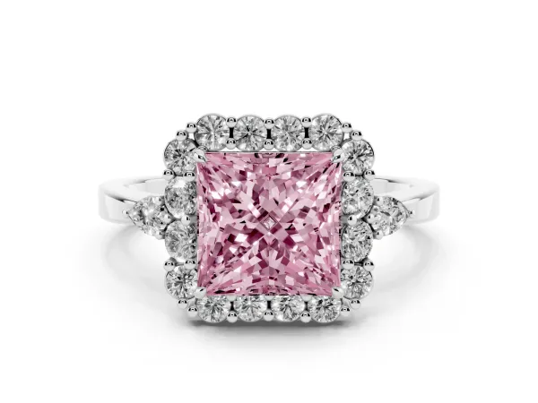 Fancy Pink Princess Cut Diamond Halo Ring with Pear Side Stones and Prong Setting Platinum