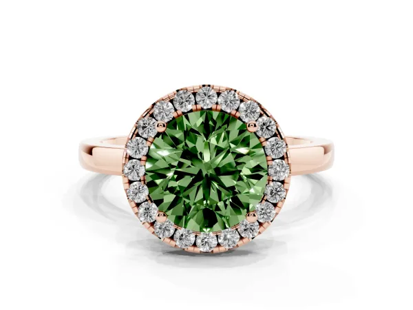 Fancy Green Round Cut Halo Diamond Solitaire with Pavé Band and Four-Prong Setting Rose gold