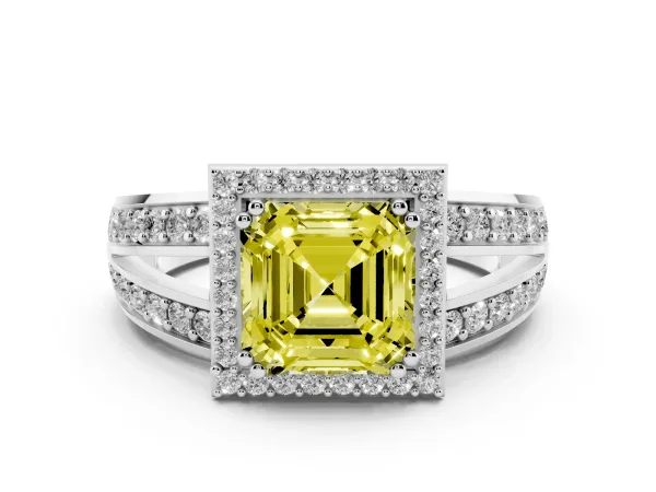 Fancy Yellow Asscher Cut Diamond Halo Ring with Split Shank Pavé Band and Four-Prong Setting Platinum