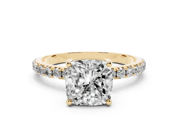 Cushion Cut Cut Diamond Solitaire Ring with Micro Pave Band and Four Prong Setting Yellow gold