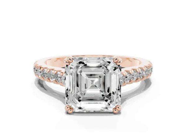 Asscher Cut Solitaire Pave Diamond Engagement Ring with Prong Setting Rose gold