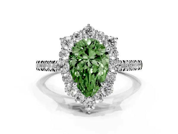 Fancy Green Pear Cut Halo Diamond Ring with Pavé Band and Prong Setting Platinum