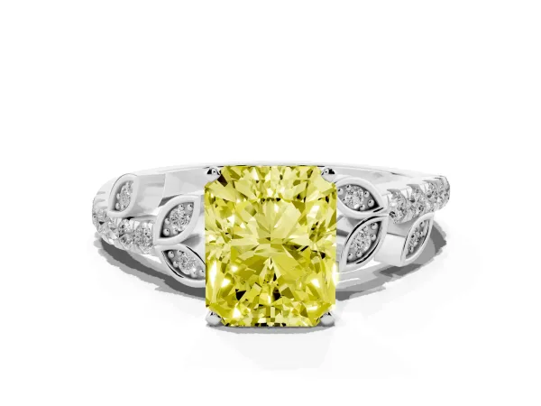 Fancy Yellow Radiant Cut Solitaire Leaf-Inspired Diamond Ring with Pavé Band and Four-Prong Setting White gold