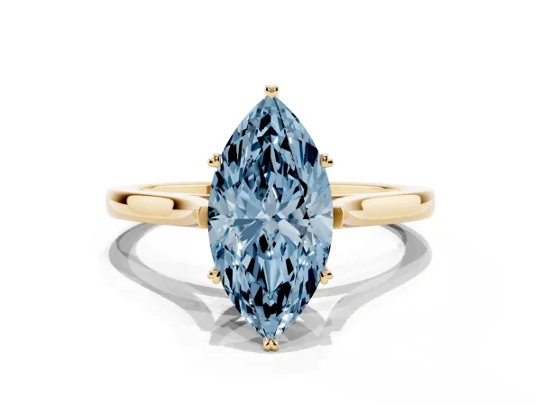 Fancy Blue Marquise Cut Solitaire Heart Prong Engagement Ring with Tapered Band Yellow gold