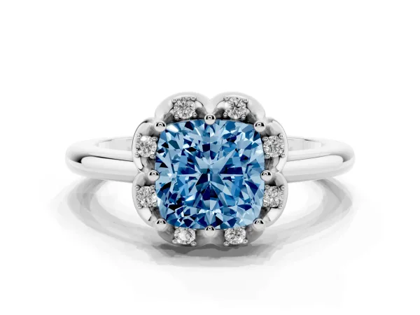 Fancy Blue Cushion Cut Halo Diamond Ring with Round Cluster Setting, Solitaire Band, and Four-Prong Setting Platinum